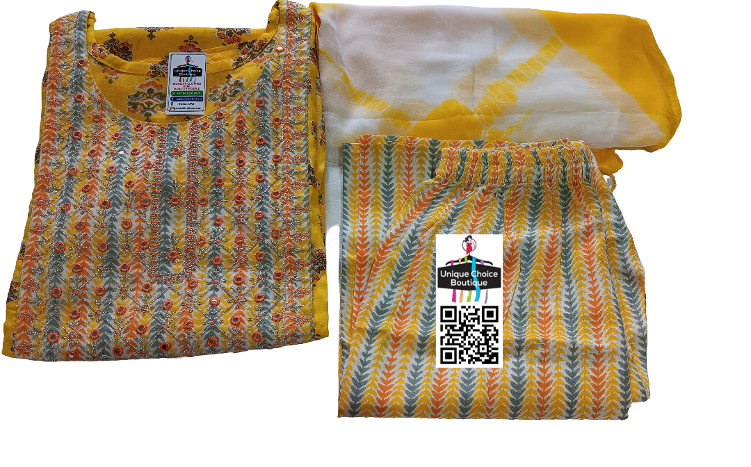 Yellow Cotton Kurti Pant Dupatta Set 2