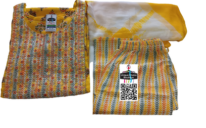 Yellow Cotton Kurti Pant Dupatta Set 2