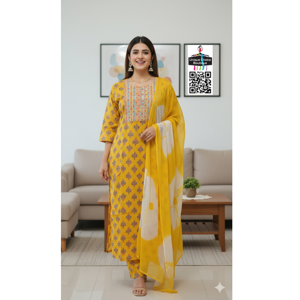 Yellow Kurti Pant Dupatta Set, 3pc Salwar Suit Set