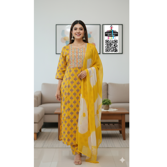 Yellow Kurti Pant Dupatta Set, 3pc Salwar Suit Set