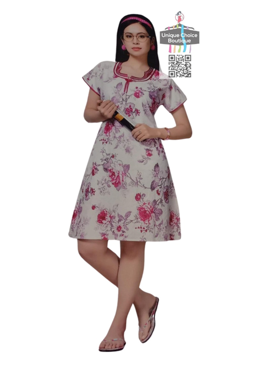 Cotton Printed Knee Length Short Nighty,  Nightdress for Women, Half white with Pink Shade floral, Chest size 36 to 40 inches