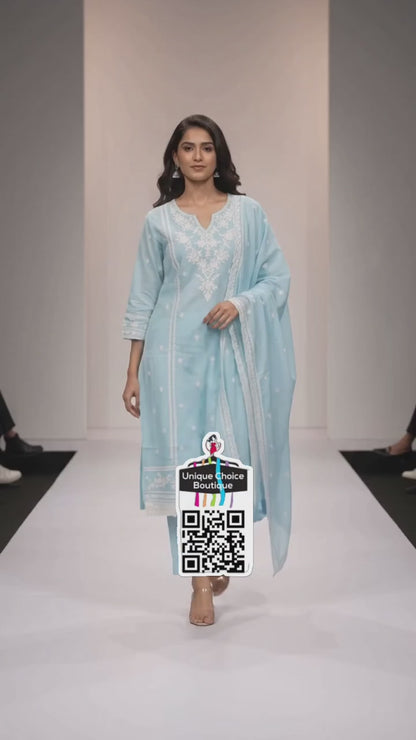 Sky Blue and White Cotton 3pc Salwar Suit Set, Kurti Pant Dupatta Set