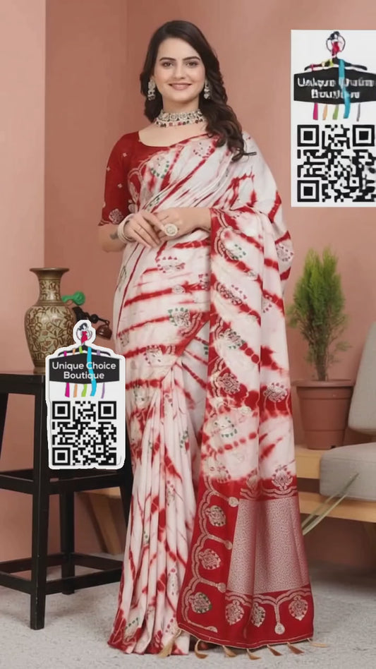 Handcrafted Shibori Saree in Russian Silk – Festive Red & White