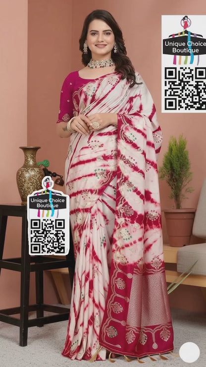 Handcrafted Shibori Saree in Russian Silk – Festive Pink & White