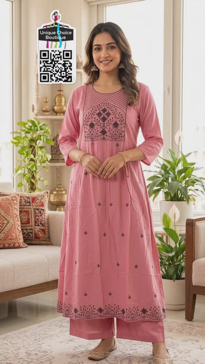Rayon Alia Cut Anarkali Kurti with floral embroidery Peach
