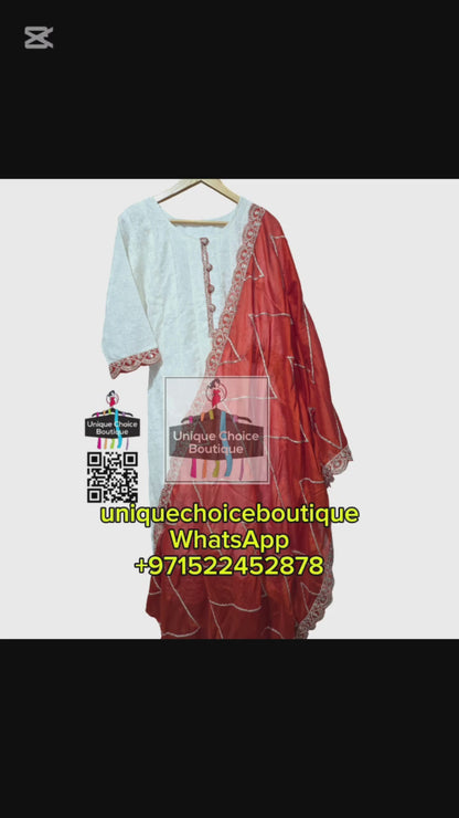 Premium Silk White & Neon Orange Chikankari Anarkali 3pc Salwar Suit | Elegant Festive & Partywear Collection UAE