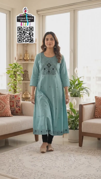 Rayon Alia Cut Anarkali Kurti with floral embroidery Turquoise Blue