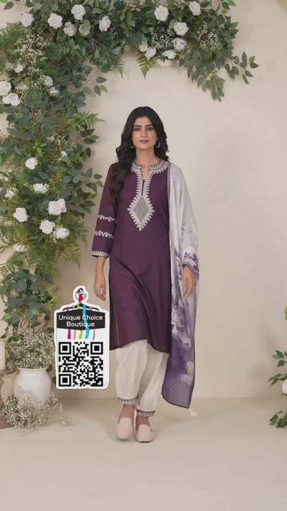 Purple and White Kurti Pant Dupatta Set, 3pc Rayon Salwar Suit Set