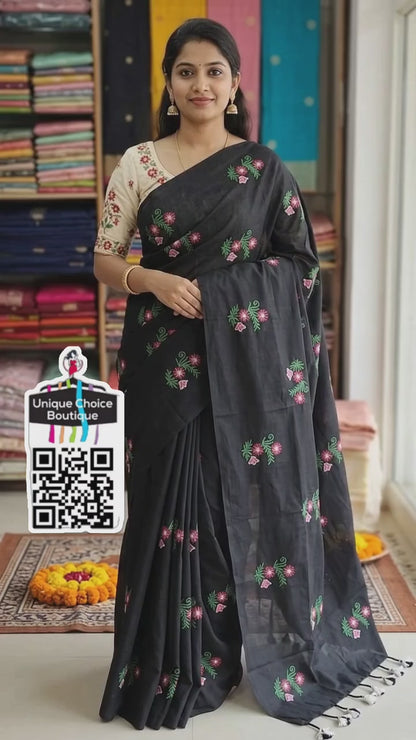 Black Pure Khadi Cotton Embroidery Saree