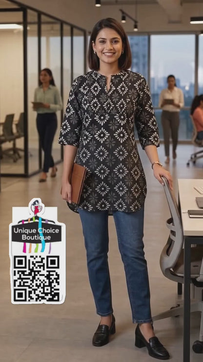 Premium Printed Rayon Short Kurti Black