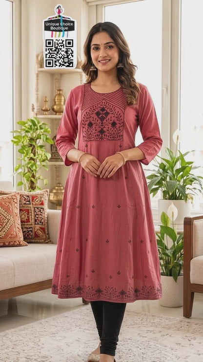 Rayon Alia Cut Anarkali Kurti with floral embroidery Red