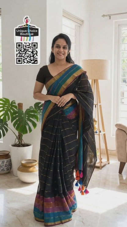 Black Zari Striped Pure Khadi Cotton Saree