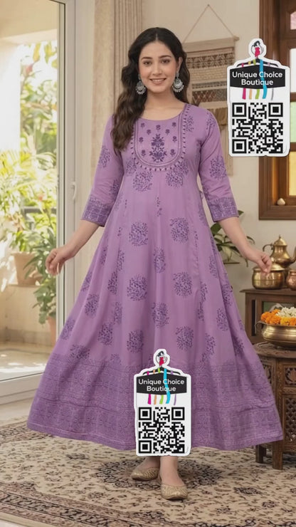 Purple Rayon Cotton Anarkali Kurti