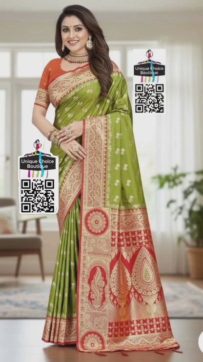 Royal Banarasi Silk Saree Parrot Green - Elegant Festive Wear