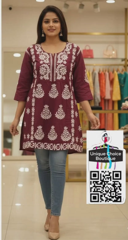 Branded Dark Purple Lakhnavi Chikankari Rayon Short Kurti | Office Wear Handwork Tunic Top