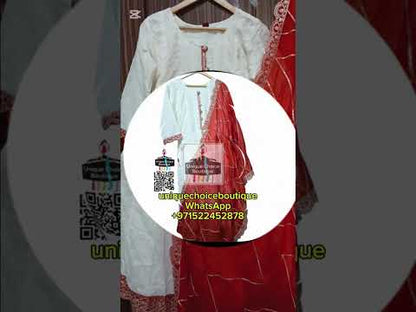 Premium White & Neon Orange Chikankari Anarkali 3pc Salwar Suit | Elegant Festive & Partywear Collection UAE