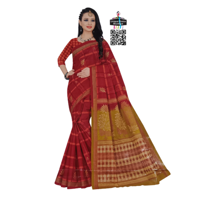 Premium Quality Cotton Saree with Blouse pc Red