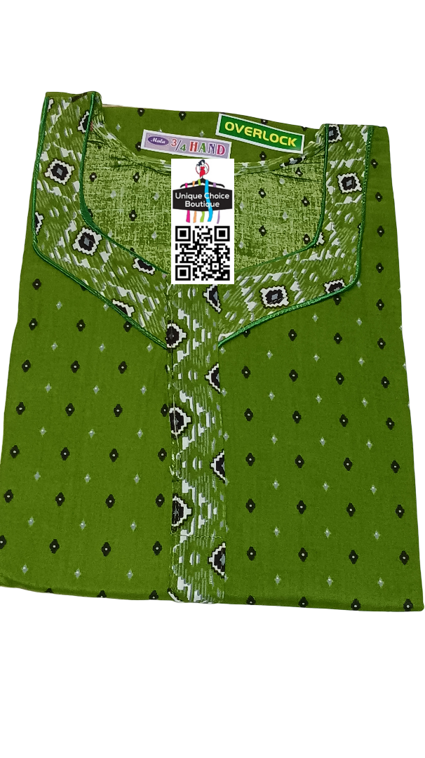 3/4th Long Sleeves Cotton Nighty, Nightgown, Zip Nighty-Green Printed