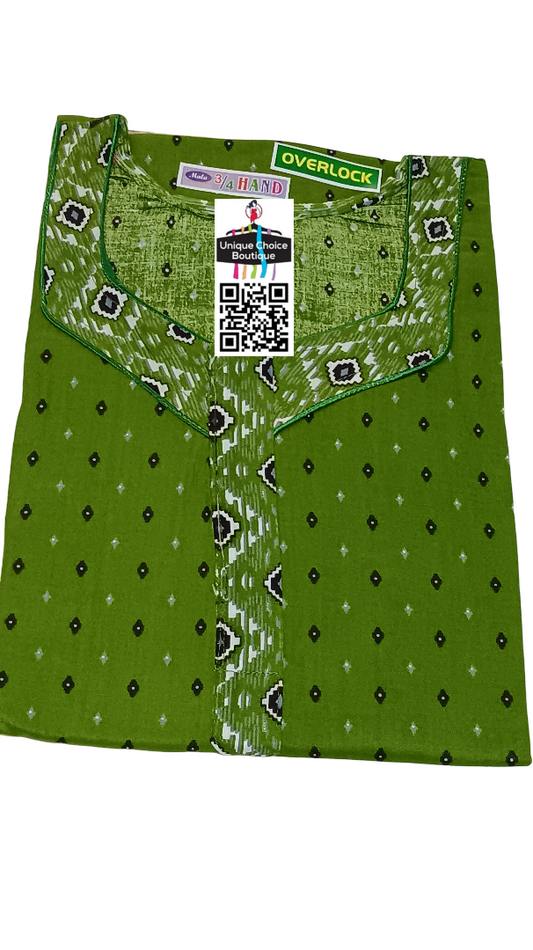 3/4th Long Sleeves Cotton Nighty, Nightgown, Zip Nighty-Green Printed