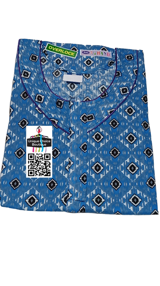 3/4th Long Sleeves Cotton Nighty, Nightgown, Zip Nighty-Blue Printed