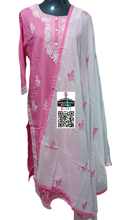 Pink and White Lucknowi Chikankari Kurti sets, 3pc Salwar Suits, Salwar Kameez