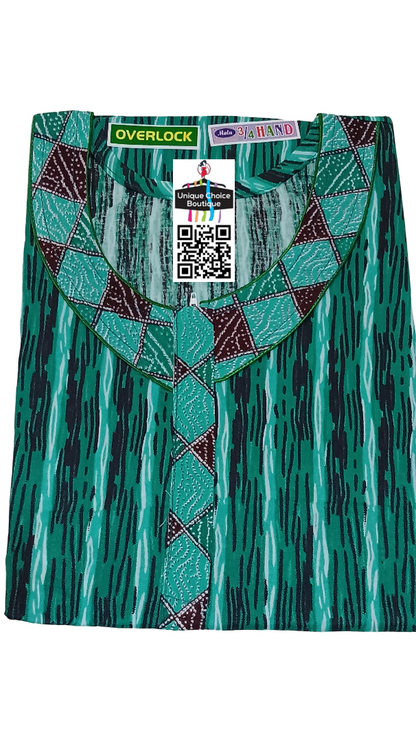 3/4th Long Sleeves Cotton Nighty, Nightgown, Zip Nighty-Teal Green Printed
