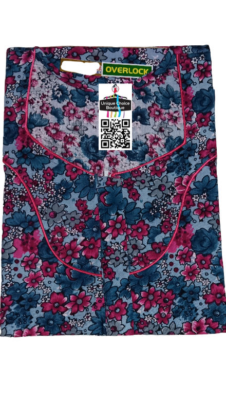 UNIQUE CHOICE Cotton Nighty, Night Gown-Gray and Pink Floral Print-3XL/ Plus Size, Tall Nighty, Zip Nighty