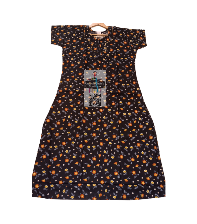 UNIQUE CHOICE Cotton Nighty, Night Gown-Black with yellow print-XXL/ Free Size