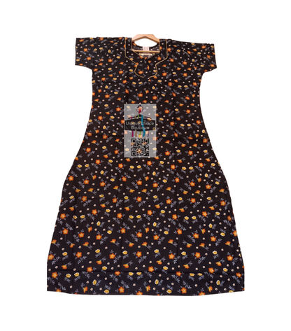 UNIQUE CHOICE Cotton Nighty, Night Gown-Black with yellow print-XXL/ Free Size