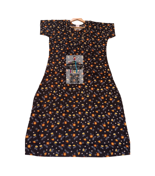 UNIQUE CHOICE Cotton Nighty, Night Gown-Black with yellow print-XXL/ Free Size