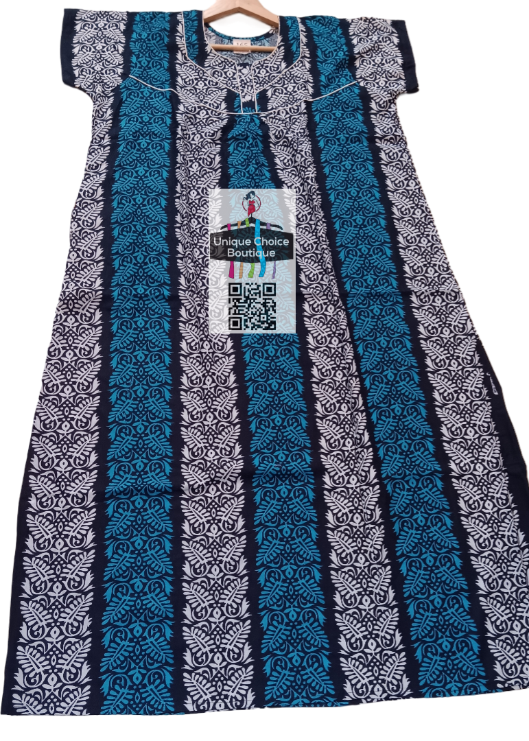 Comfortable Cotton Nighty, Nightgown, Batik Print, Blue and White,Tall Nighty-Free Size,XXL