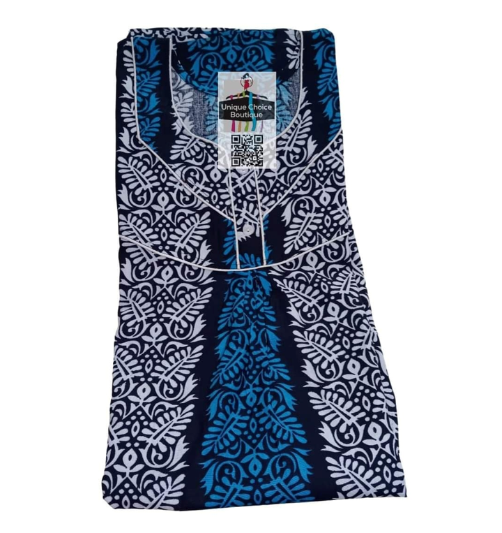 Comfortable Cotton Nighty, Nightgown, Batik Print, Blue and White,Tall Nighty-Free Size,XXL
