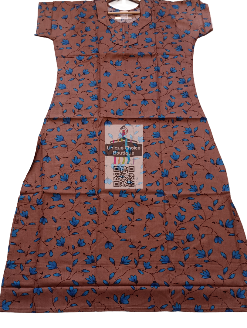 UNIQUE CHOICE Cotton Nighty, Night Gown-Brown with Blue Floral Print