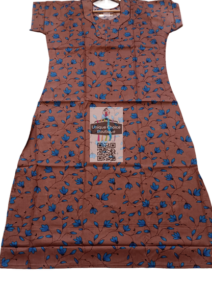 UNIQUE CHOICE Cotton Nighty, Night Gown-Brown with Blue Floral Print