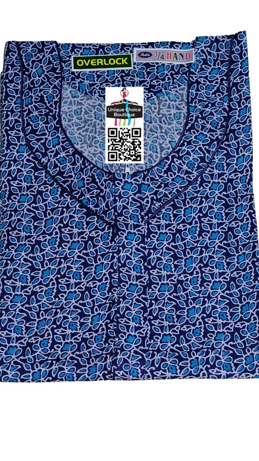 UNIQUE CHOICE 3/4 th Long Sleeves Cotton Nighty, Nightgown-Blue Floral Printed-Zip Nighty