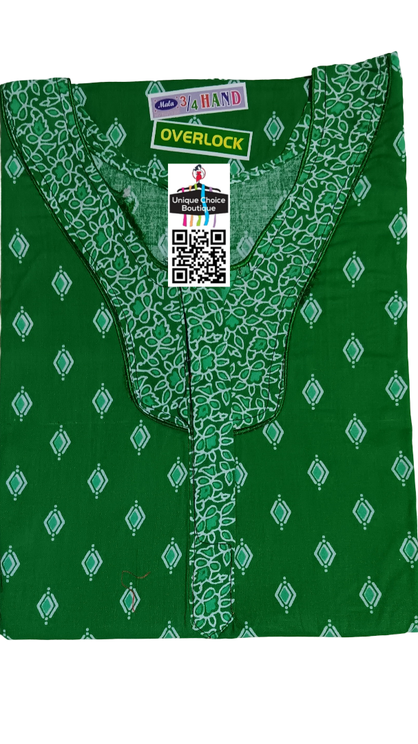 UNIQUE CHOICE 3/4 th Long Sleeves Cotton Nighty, Nightgown-Green and White Printed, Zip Nighty