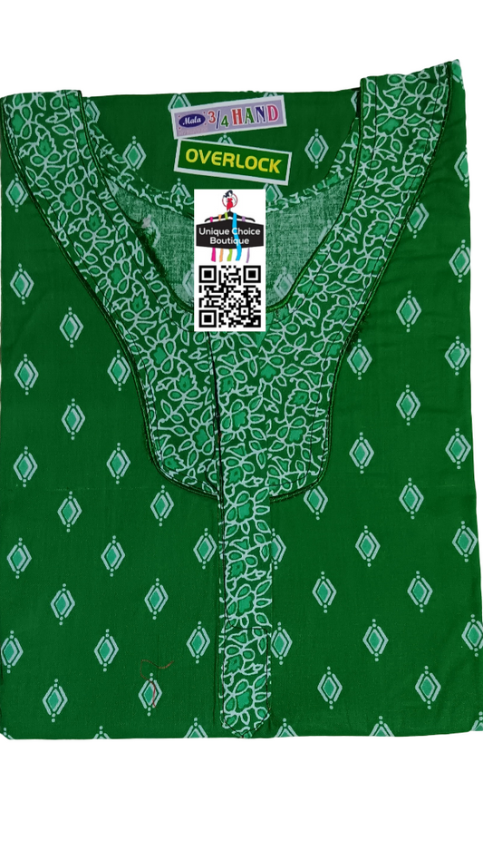 UNIQUE CHOICE 3/4 th Long Sleeves Cotton Nighty, Nightgown-Green and White Printed- Zip Nighty