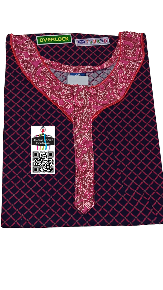 uniquechoice-longsleeves-cottonnighty-nightgown-pink and blue-printed-zipnighty-pipingneck-freesize-xxlsize-xlsize
