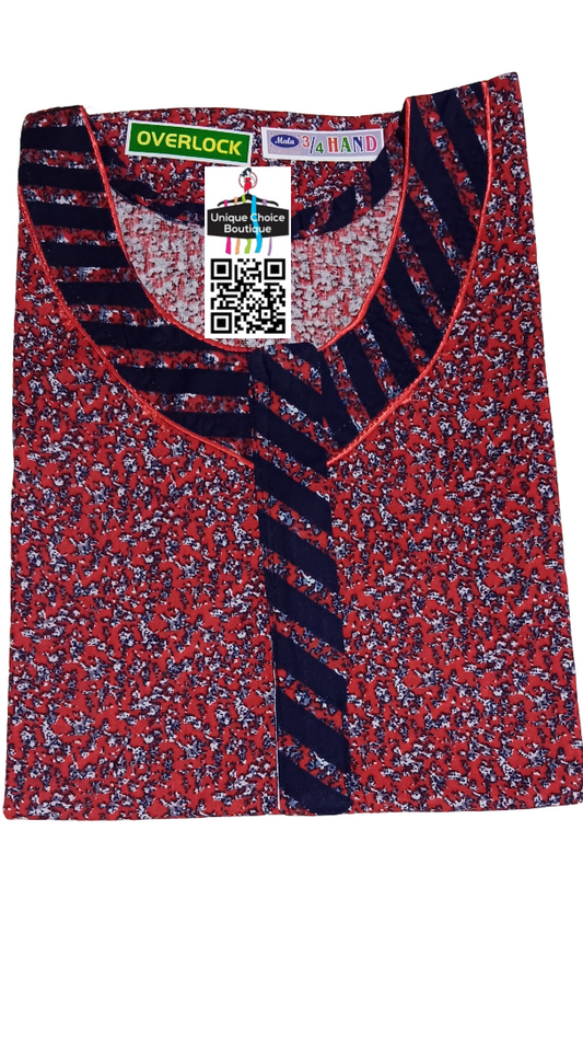 UNIQUE CHOICE 3/4 th Long Sleeves Cotton Nighty, Nightgown-Red Print-Zip Nighty
