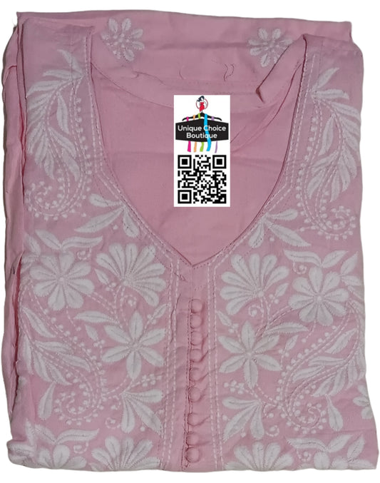 Baby Pink Lucknowi Chikankari Kurti, Straight Kurta for women-4XL Size