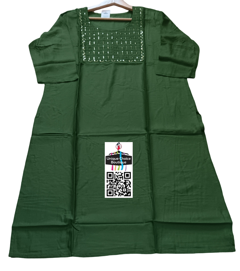 كورتي مستقيمة باللون الأخضر من Mehandi مقاس كبير مع تسلسل عمل على النير - مقاسات 3XL/ 4XL/5XL/6XL