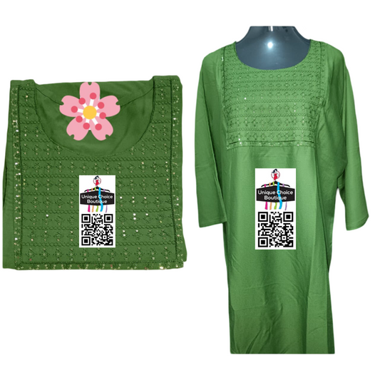 Plus size Mehandi Green Straight Kurti with Sequence work on yoke