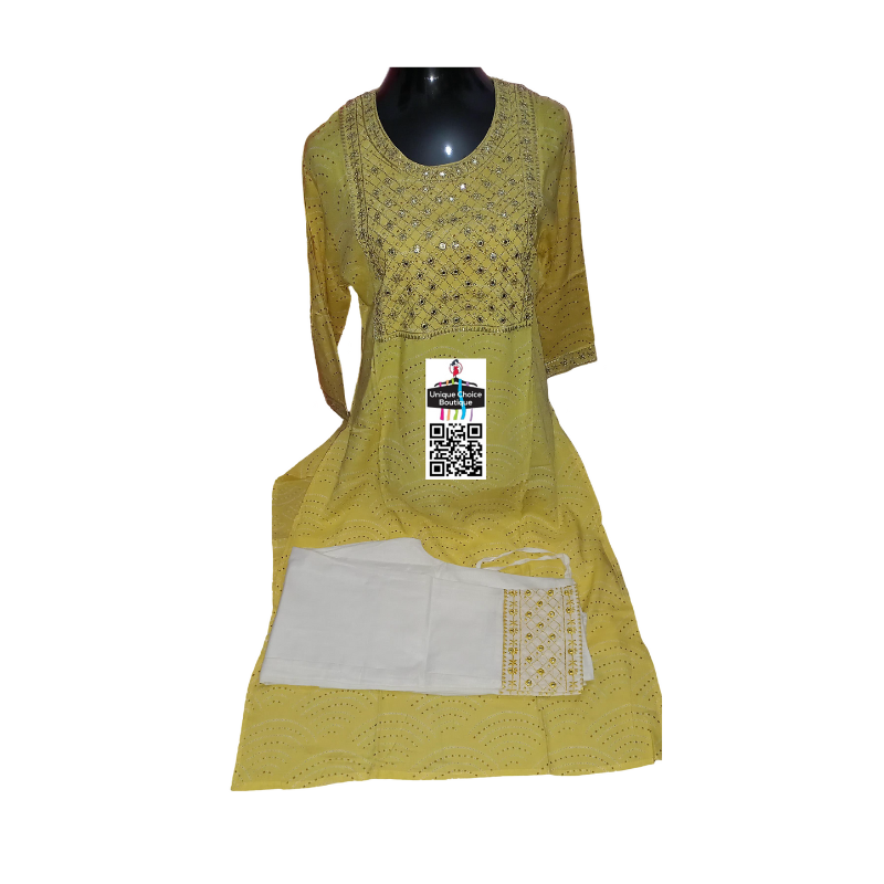 Women Kurti with Pant Yellow and white | 2pc Salwar Suits for women | Kurtis sets 2pcs
